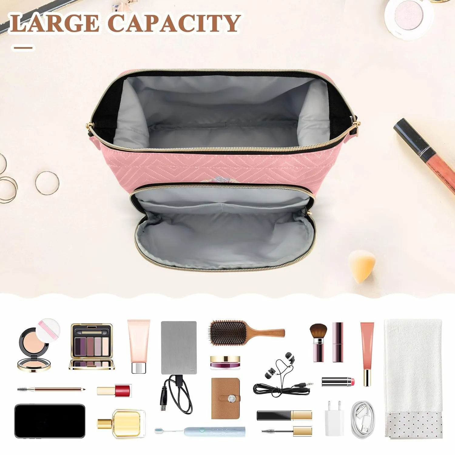 Women Wave Quilt Cosmetic Bag, Zipper Toiletry Storage 10.2x5.9x6.7 in, Pouch Handbag Makeup Case Purse Holder Organizer Print Floral Mermaid a Green Fish On Pink