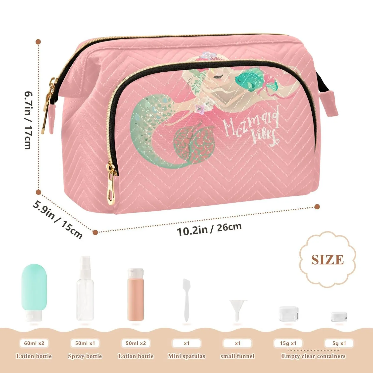 Women Wave Quilt Cosmetic Bag, Zipper Toiletry Storage 10.2x5.9x6.7 in, Pouch Handbag Makeup Case Purse Holder Organizer Print Floral Mermaid a Green Fish On Pink