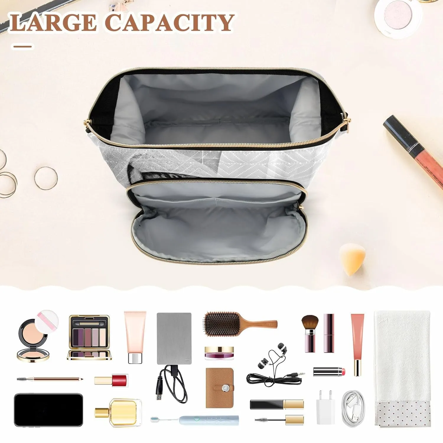 Women Wave Quilt Cosmetic Bag, Zipper Toiletry Storage 10.2x5.9x6.7 in, Pouch Handbag Makeup Case Purse Holder Organizer Print Funny Cat Taking a Bath Behind Shower Curtain