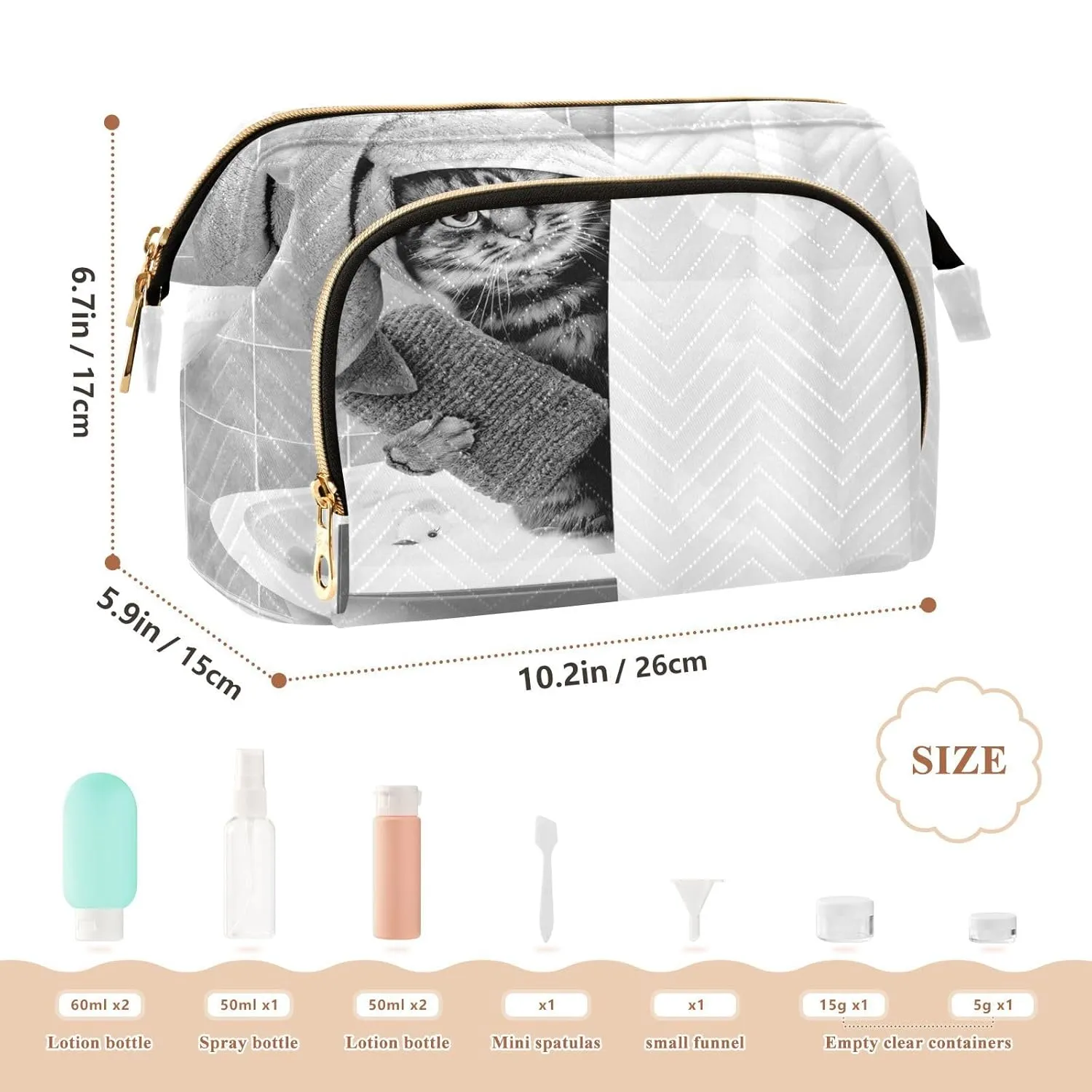 Women Wave Quilt Cosmetic Bag, Zipper Toiletry Storage 10.2x5.9x6.7 in, Pouch Handbag Makeup Case Purse Holder Organizer Print Funny Cat Taking a Bath Behind Shower Curtain