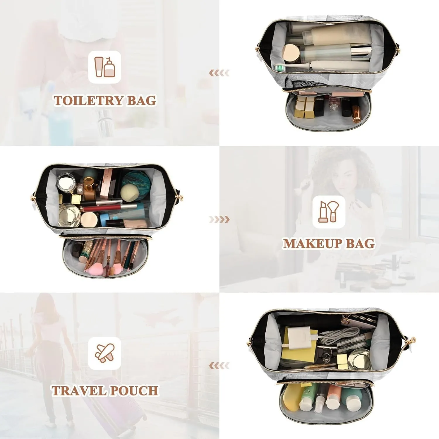 Women Wave Quilt Cosmetic Bag, Zipper Toiletry Storage 10.2x5.9x6.7 in, Pouch Handbag Makeup Case Purse Holder Organizer Print Funny Cat Taking a Bath Behind Shower Curtain