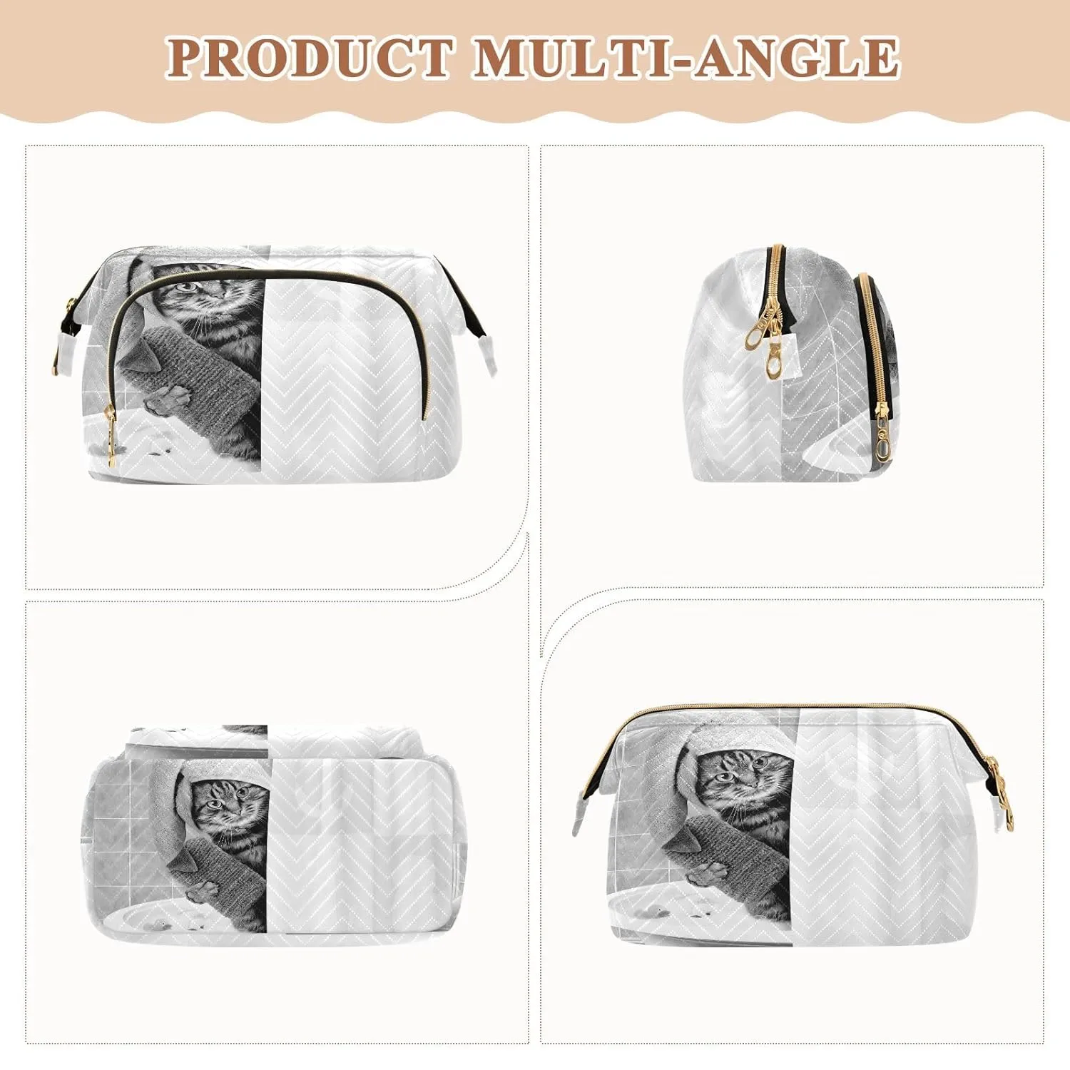 Women Wave Quilt Cosmetic Bag, Zipper Toiletry Storage 10.2x5.9x6.7 in, Pouch Handbag Makeup Case Purse Holder Organizer Print Funny Cat Taking a Bath Behind Shower Curtain