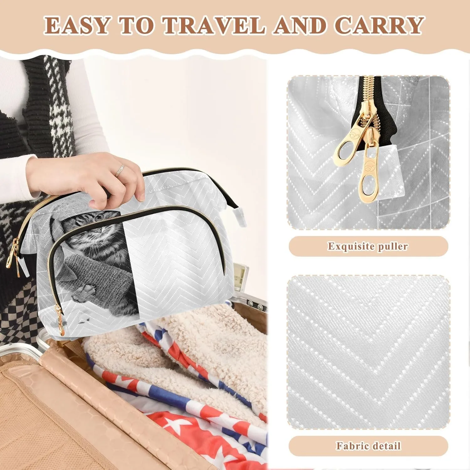 Women Wave Quilt Cosmetic Bag, Zipper Toiletry Storage 10.2x5.9x6.7 in, Pouch Handbag Makeup Case Purse Holder Organizer Print Funny Cat Taking a Bath Behind Shower Curtain
