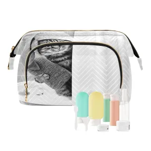 Women Wave Quilt Cosmetic Bag, Zipper Toiletry Storage 10.2x5.9x6.7 in, Pouch Handbag Makeup Case Purse Holder Organizer Print Funny Cat Taking a Bath Behind Shower Curtain