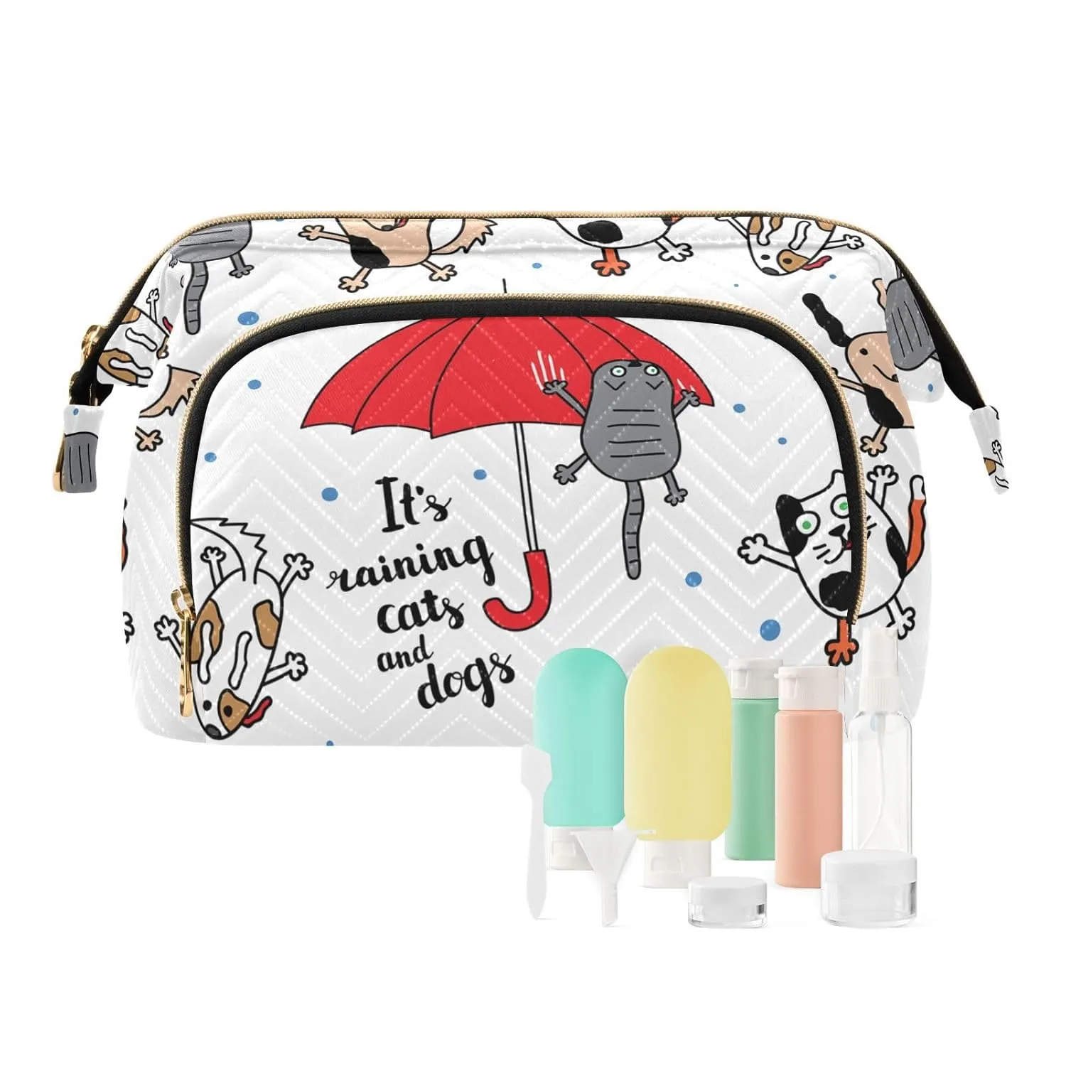 Women Wave Quilt Cosmetic Bag, Zipper Toiletry Storage 10.2x5.9x6.7 in, Pouch Handbag Makeup Case Purse Holder Organizer Print Funny Cats Dogs Red Umbrella Raindrops
