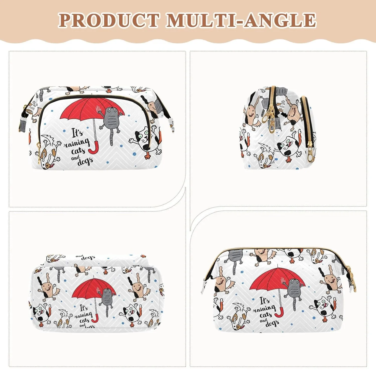 Women Wave Quilt Cosmetic Bag, Zipper Toiletry Storage 10.2x5.9x6.7 in, Pouch Handbag Makeup Case Purse Holder Organizer Print Funny Cats Dogs Red Umbrella Raindrops