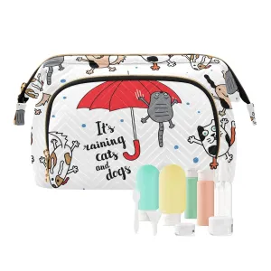 Women Wave Quilt Cosmetic Bag, Zipper Toiletry Storage 10.2x5.9x6.7 in, Pouch Handbag Makeup Case Purse Holder Organizer Print Funny Cats Dogs Red Umbrella Raindrops