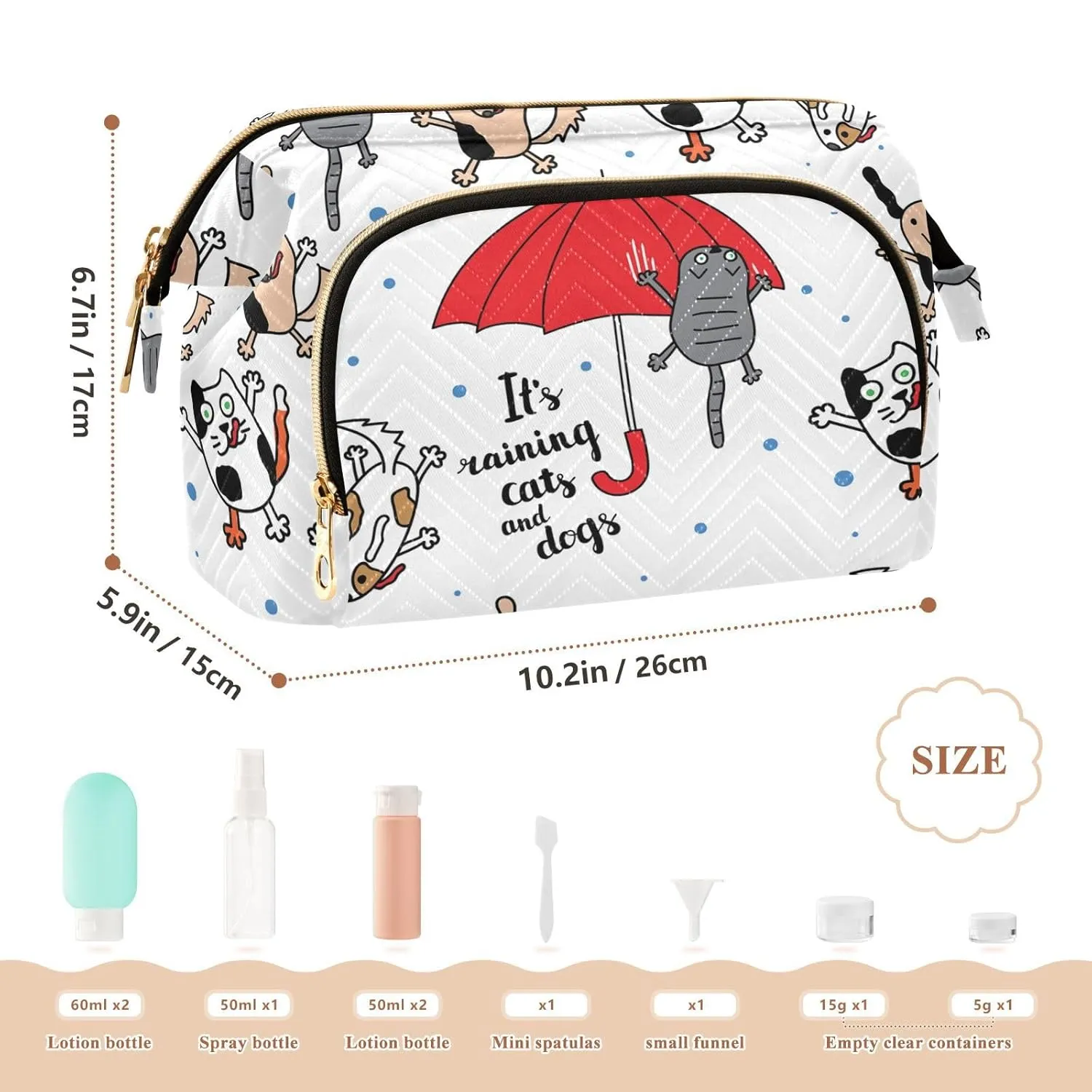 Women Wave Quilt Cosmetic Bag, Zipper Toiletry Storage 10.2x5.9x6.7 in, Pouch Handbag Makeup Case Purse Holder Organizer Print Funny Cats Dogs Red Umbrella Raindrops