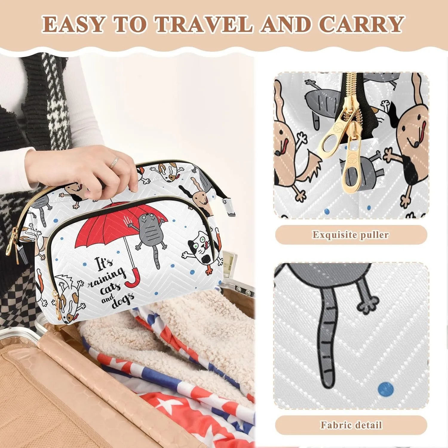 Women Wave Quilt Cosmetic Bag, Zipper Toiletry Storage 10.2x5.9x6.7 in, Pouch Handbag Makeup Case Purse Holder Organizer Print Funny Cats Dogs Red Umbrella Raindrops