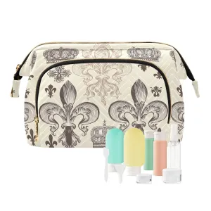 Women Wave Quilt Cosmetic Bag, Zipper Toiletry Storage 10.2x5.9x6.7 in, Pouch Handbag Makeup Case Purse Holder Organizer Print Heraldic Fleur De Lis Crowns