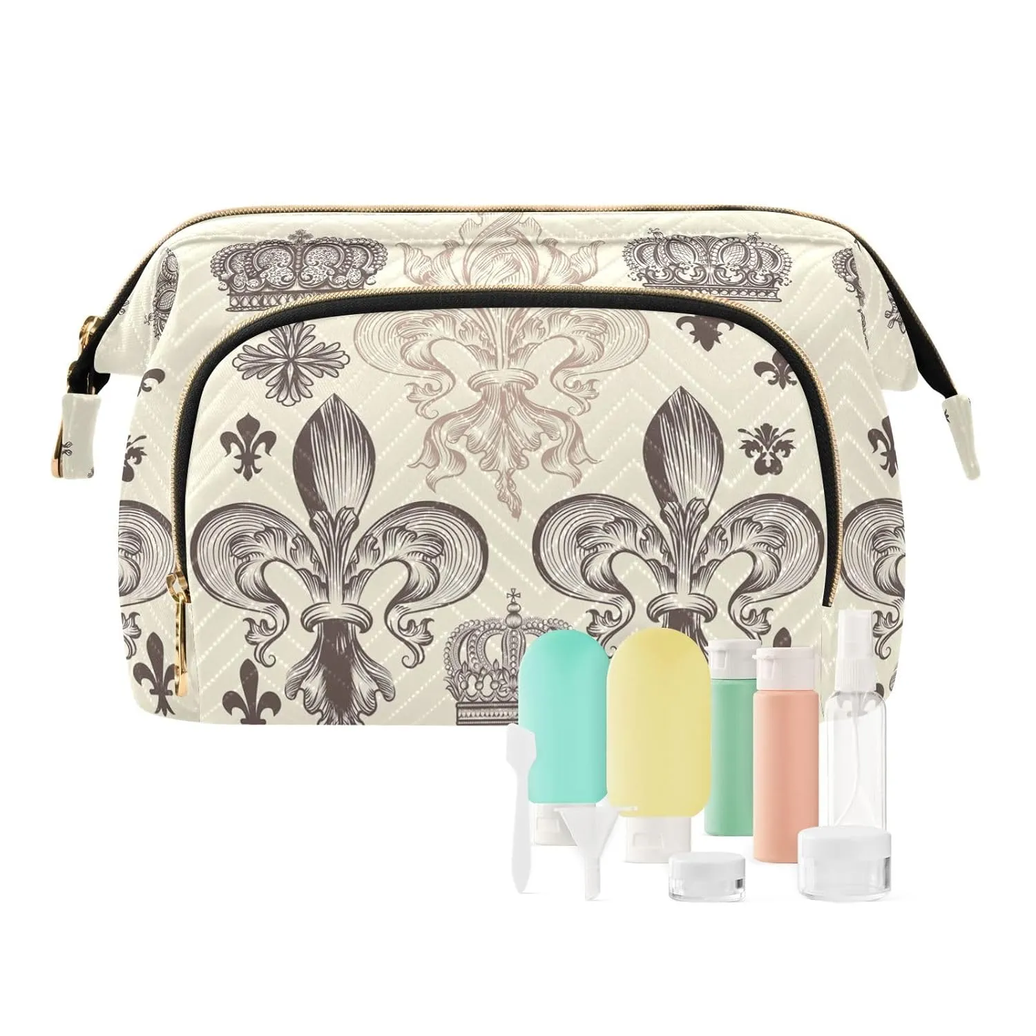 Women Wave Quilt Cosmetic Bag, Zipper Toiletry Storage 10.2x5.9x6.7 in, Pouch Handbag Makeup Case Purse Holder Organizer Print Heraldic Fleur De Lis Crowns