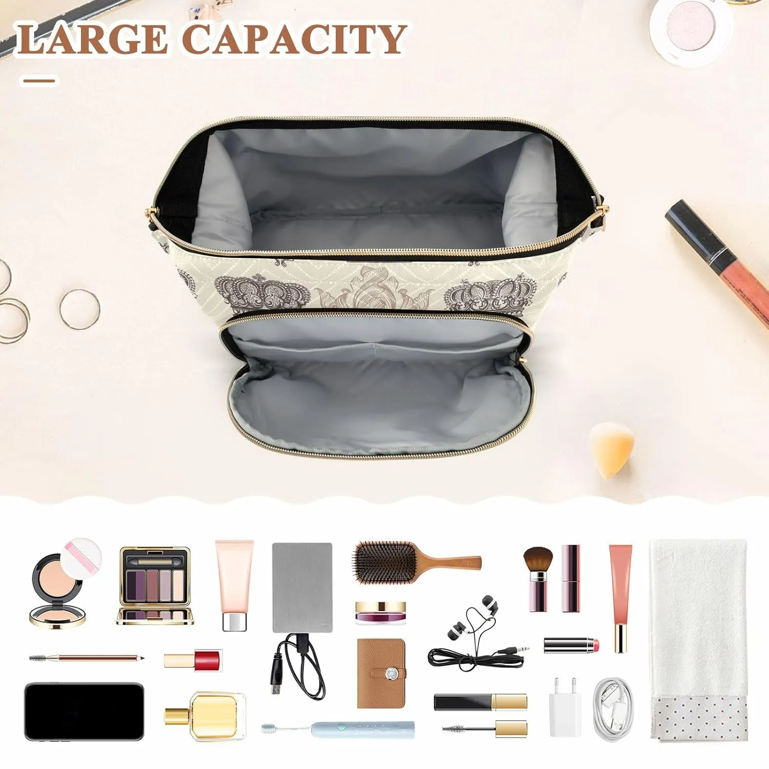 Women Wave Quilt Cosmetic Bag, Zipper Toiletry Storage 10.2x5.9x6.7 in, Pouch Handbag Makeup Case Purse Holder Organizer Print Heraldic Fleur De Lis Crowns