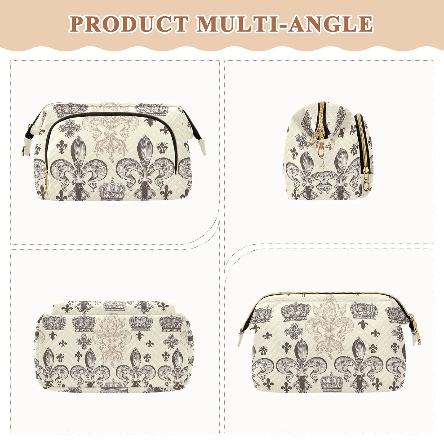 Women Wave Quilt Cosmetic Bag, Zipper Toiletry Storage 10.2x5.9x6.7 in, Pouch Handbag Makeup Case Purse Holder Organizer Print Heraldic Fleur De Lis Crowns