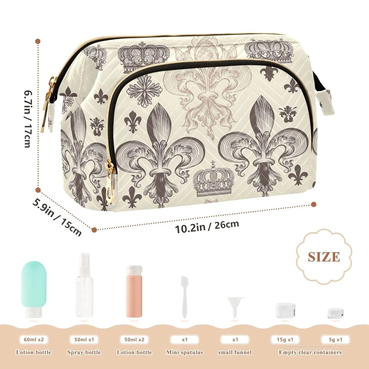 Women Wave Quilt Cosmetic Bag, Zipper Toiletry Storage 10.2x5.9x6.7 in, Pouch Handbag Makeup Case Purse Holder Organizer Print Heraldic Fleur De Lis Crowns