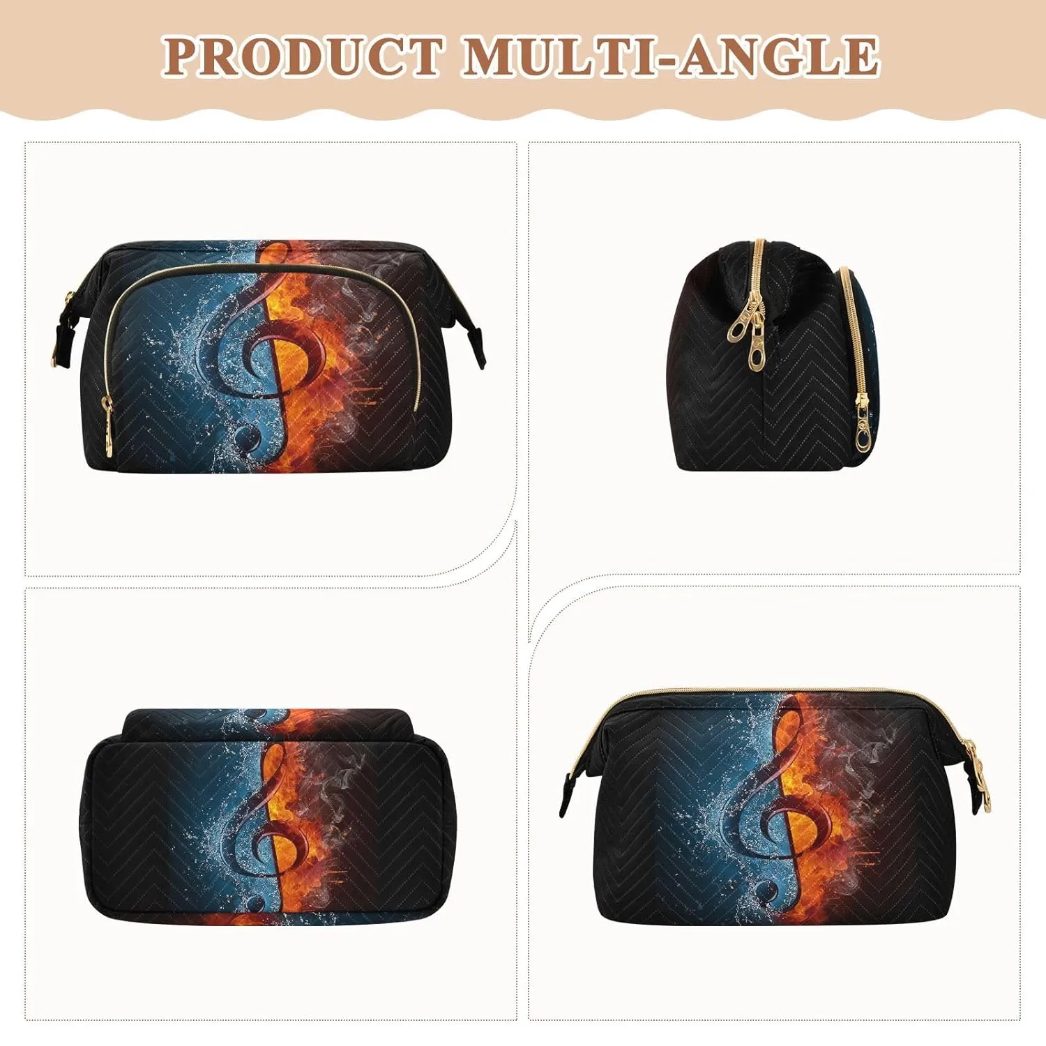 Women Wave Quilt Cosmetic Bag, Zipper Toiletry Storage 10.2x5.9x6.7 in, Pouch Handbag Makeup Case Purse Holder Organizer Print Music Notes With Ice And Fire On Black