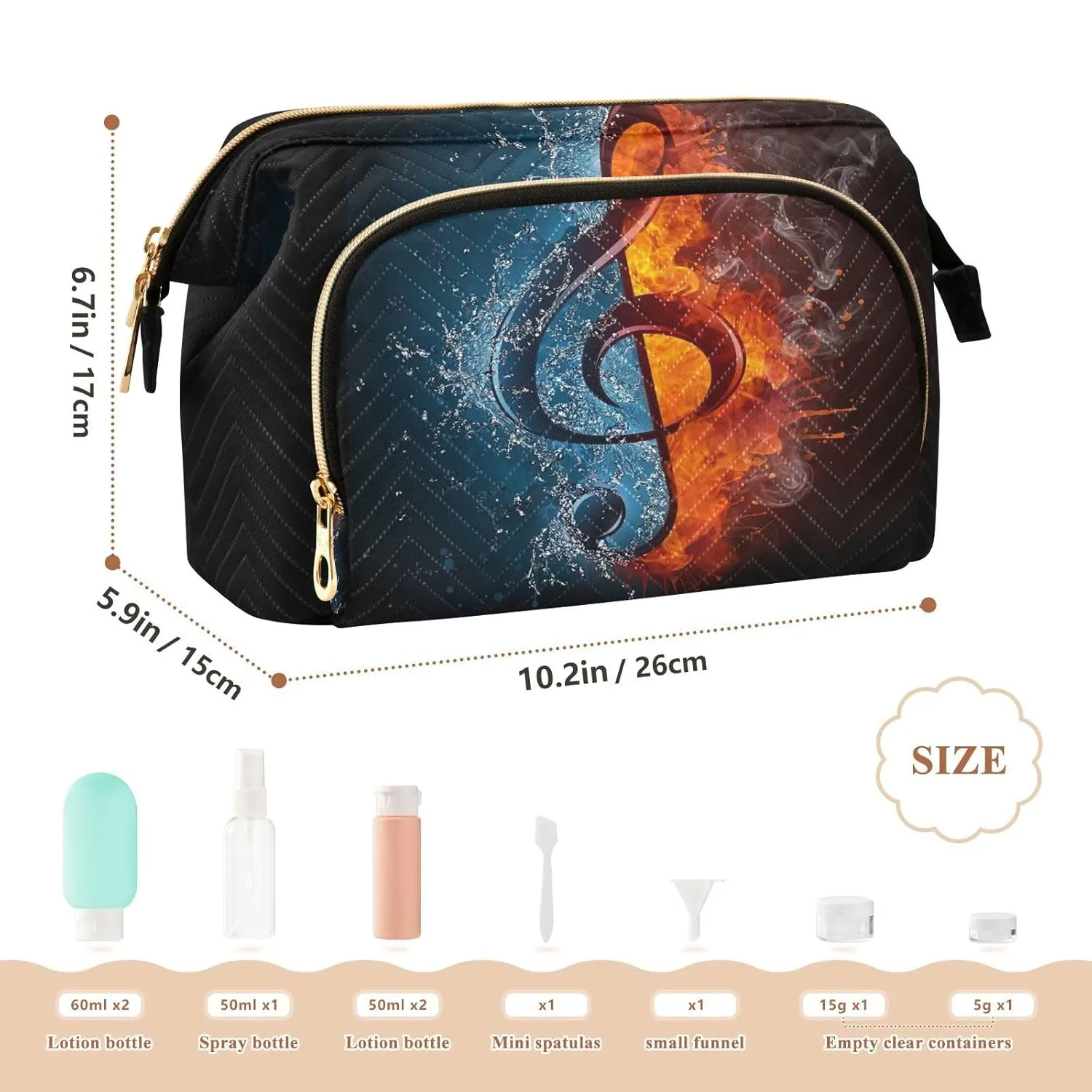 Women Wave Quilt Cosmetic Bag, Zipper Toiletry Storage 10.2x5.9x6.7 in, Pouch Handbag Makeup Case Purse Holder Organizer Print Music Notes With Ice And Fire On Black