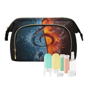 Women Wave Quilt Cosmetic Bag, Zipper Toiletry Storage 10.2x5.9x6.7 in, Pouch Handbag Makeup Case Purse Holder Organizer Print Music Notes With Ice And Fire On Black