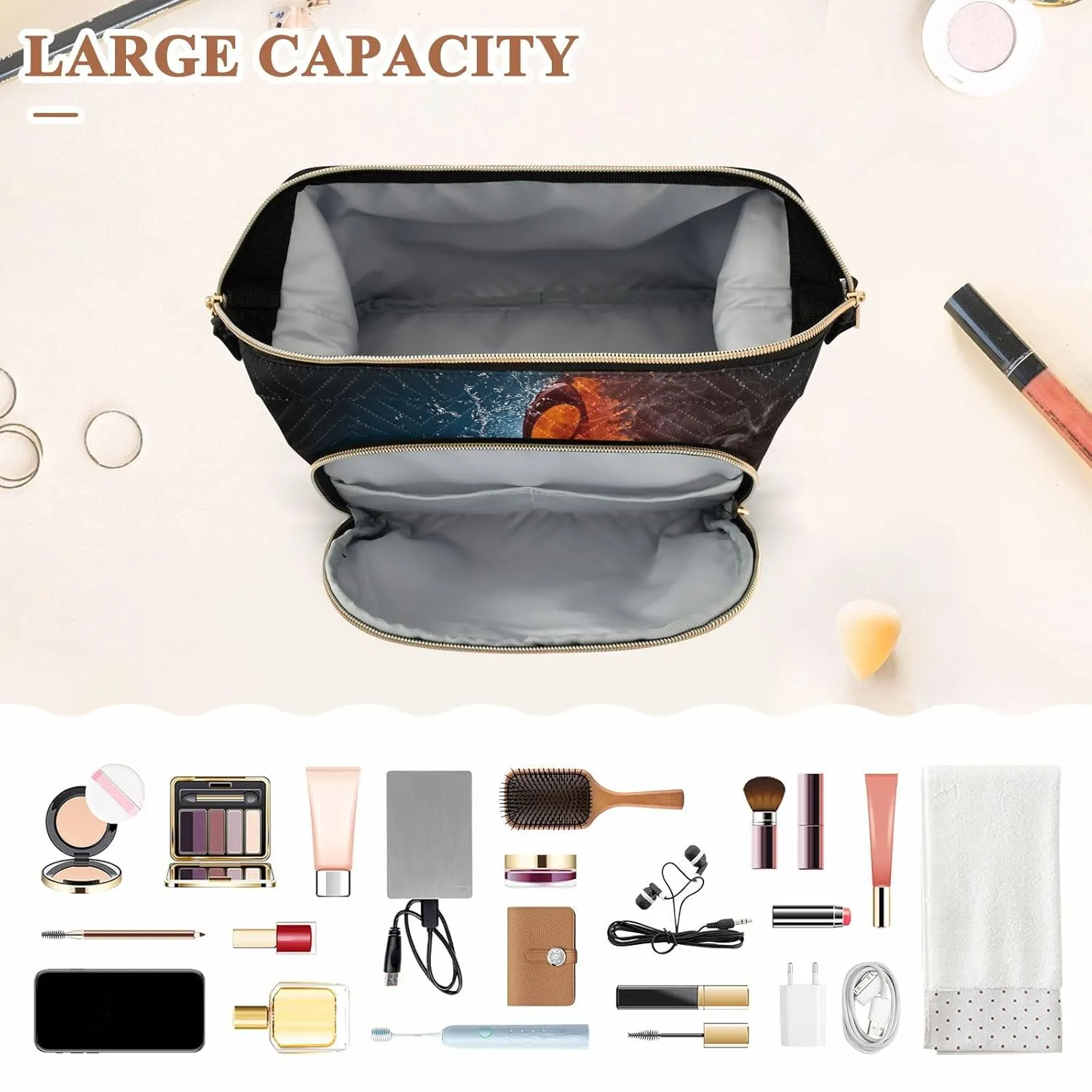 Women Wave Quilt Cosmetic Bag, Zipper Toiletry Storage 10.2x5.9x6.7 in, Pouch Handbag Makeup Case Purse Holder Organizer Print Music Notes With Ice And Fire On Black