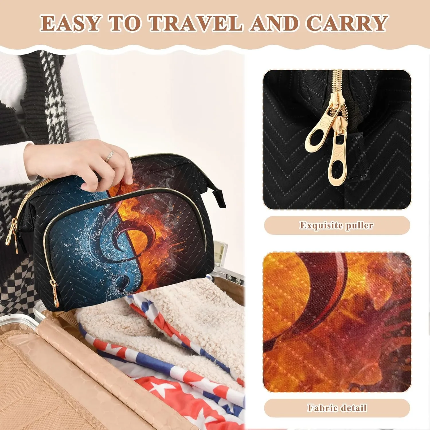 Women Wave Quilt Cosmetic Bag, Zipper Toiletry Storage 10.2x5.9x6.7 in, Pouch Handbag Makeup Case Purse Holder Organizer Print Music Notes With Ice And Fire On Black