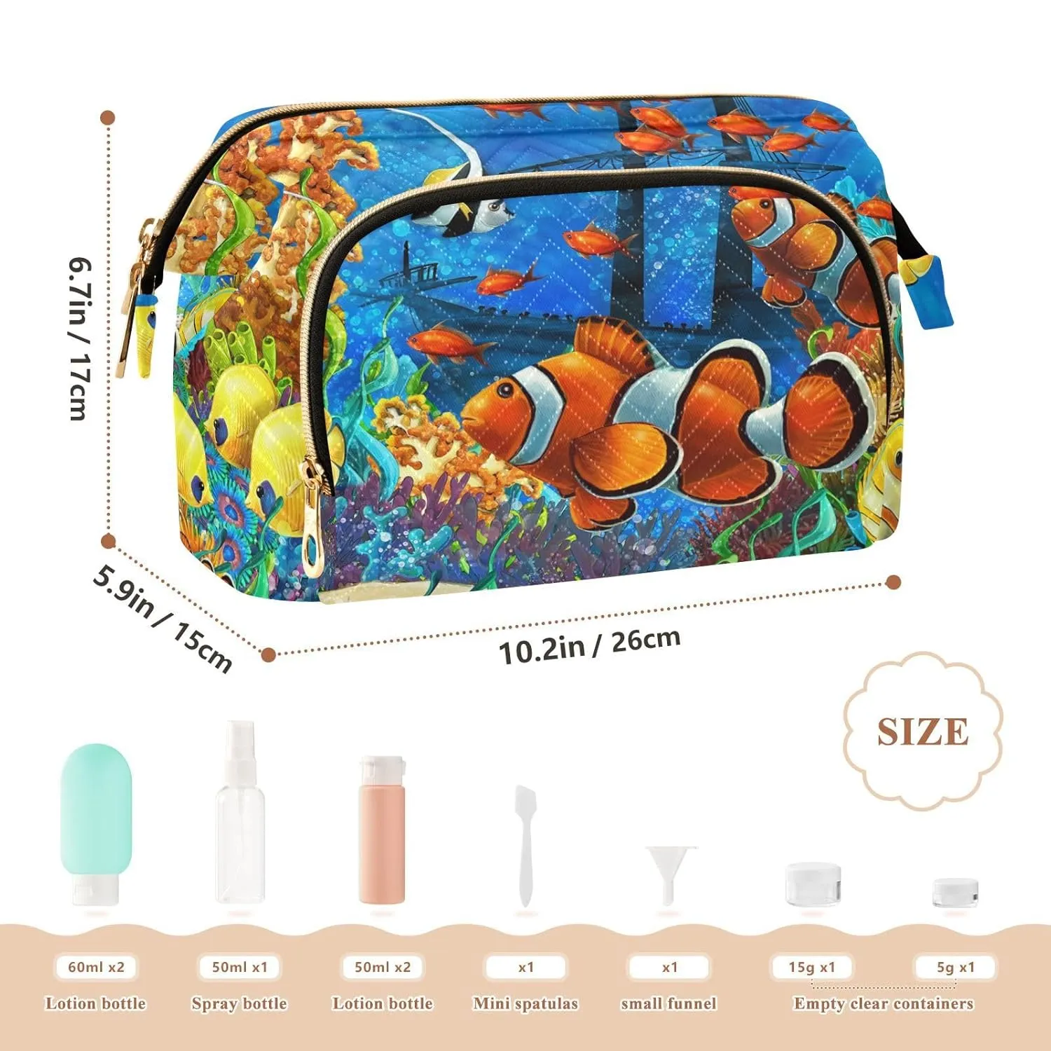 Women Wave Quilt Cosmetic Bag, Zipper Toiletry Storage 10.2x5.9x6.7 in, Pouch Handbag Makeup Case Purse Holder Organizer Print Orange Clownfish Fishes Corals Reef Undersea Life