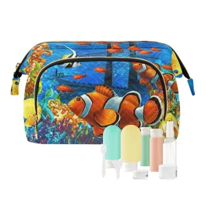 Women Wave Quilt Cosmetic Bag, Zipper Toiletry Storage 10.2x5.9x6.7 in, Pouch Handbag Makeup Case Purse Holder Organizer Print Orange Clownfish Fishes Corals Reef Undersea Life