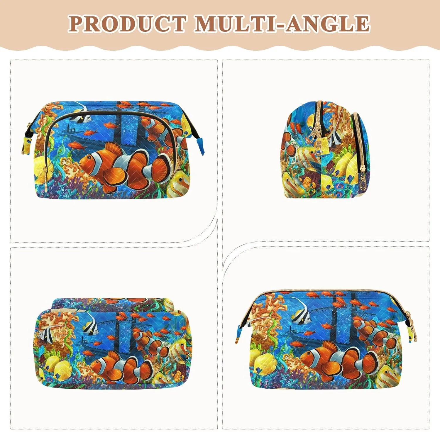 Women Wave Quilt Cosmetic Bag, Zipper Toiletry Storage 10.2x5.9x6.7 in, Pouch Handbag Makeup Case Purse Holder Organizer Print Orange Clownfish Fishes Corals Reef Undersea Life