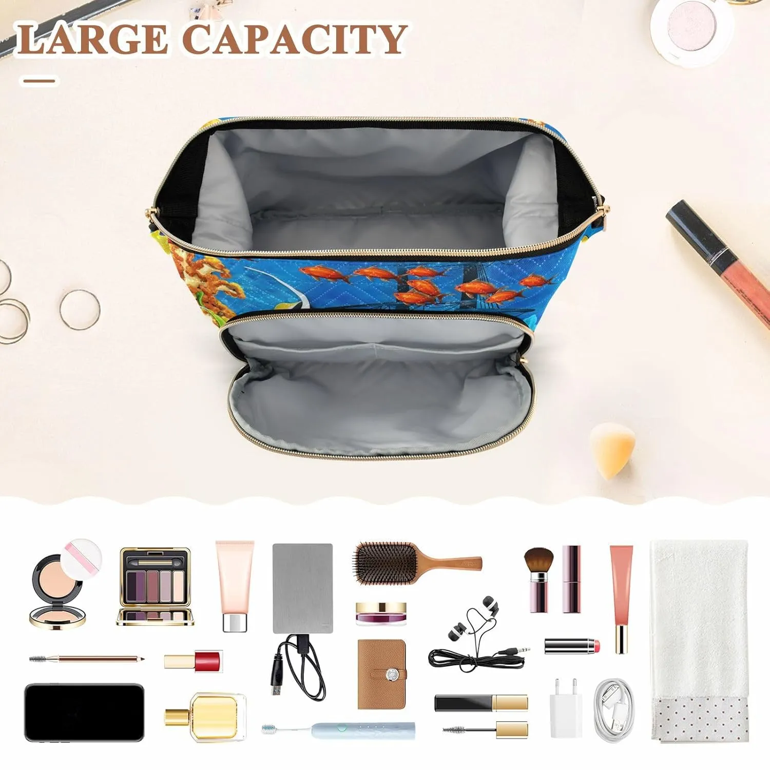 Women Wave Quilt Cosmetic Bag, Zipper Toiletry Storage 10.2x5.9x6.7 in, Pouch Handbag Makeup Case Purse Holder Organizer Print Orange Clownfish Fishes Corals Reef Undersea Life