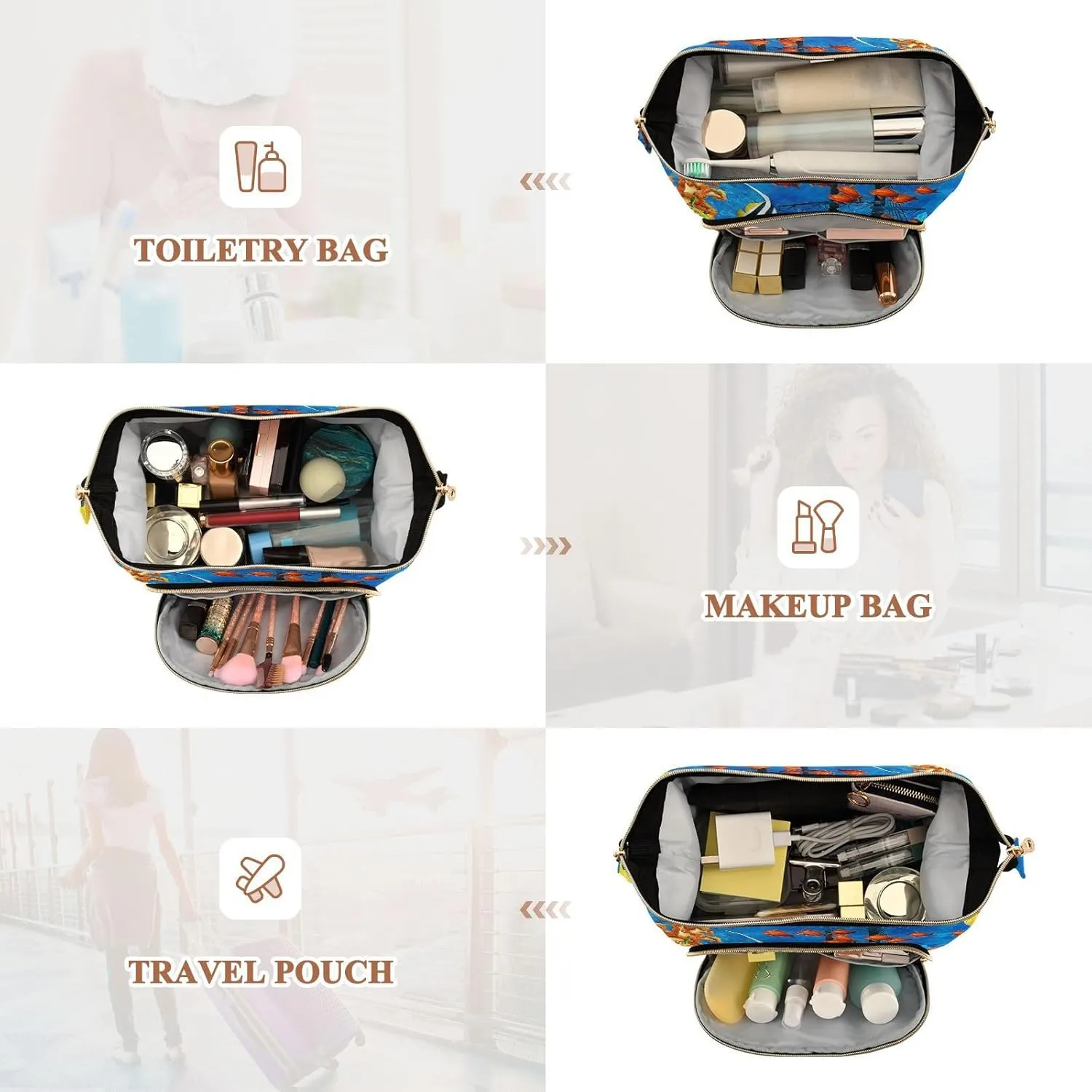 Women Wave Quilt Cosmetic Bag, Zipper Toiletry Storage 10.2x5.9x6.7 in, Pouch Handbag Makeup Case Purse Holder Organizer Print Orange Clownfish Fishes Corals Reef Undersea Life