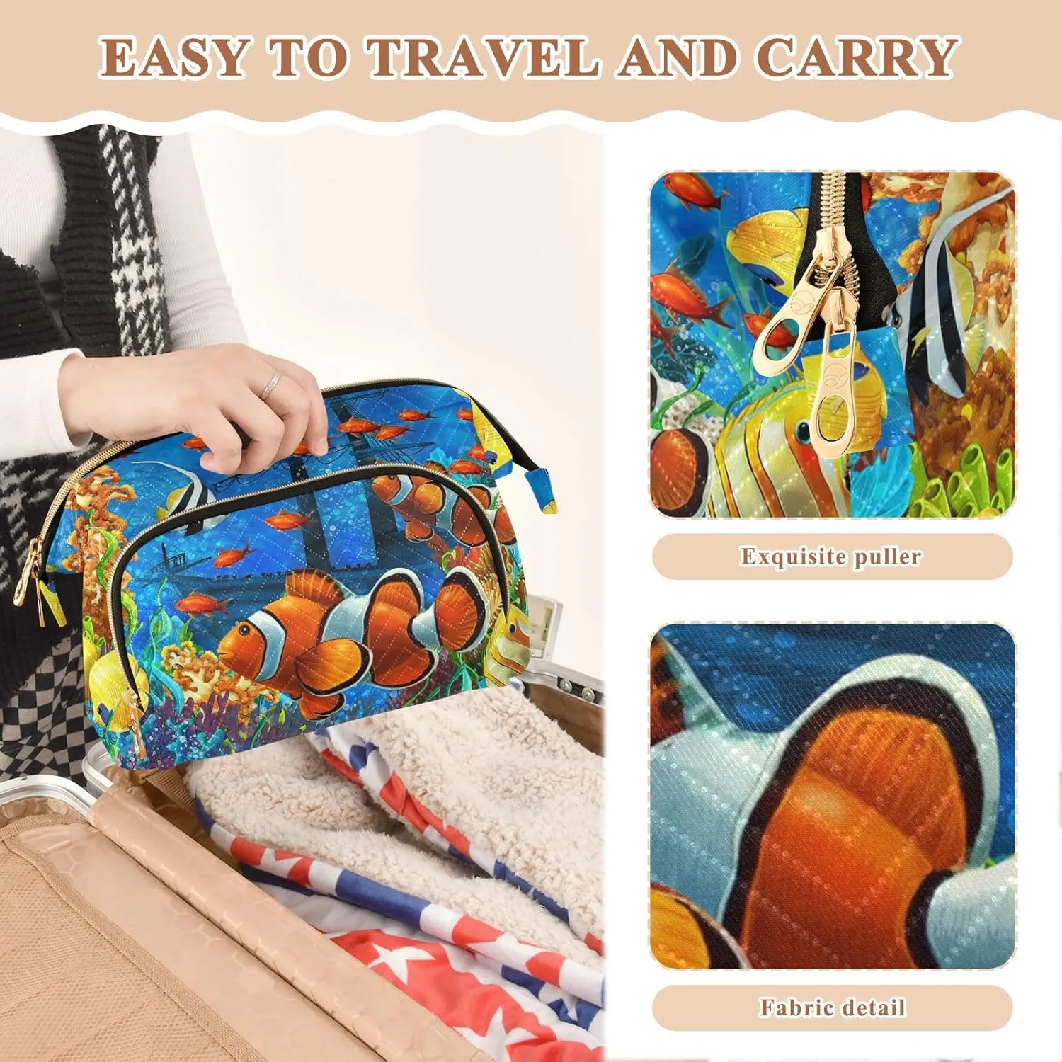 Women Wave Quilt Cosmetic Bag, Zipper Toiletry Storage 10.2x5.9x6.7 in, Pouch Handbag Makeup Case Purse Holder Organizer Print Orange Clownfish Fishes Corals Reef Undersea Life