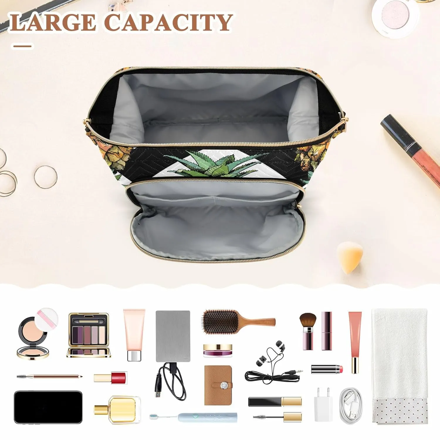 Women Wave Quilt Cosmetic Bag, Zipper Toiletry Storage 10.2x5.9x6.7 in, Pouch Handbag Makeup Case Purse Holder Organizer Print Pineapple Black White Chevron