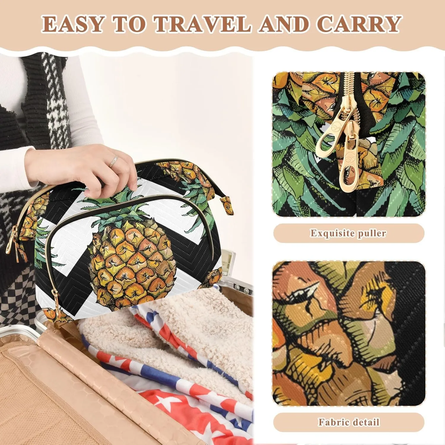 Women Wave Quilt Cosmetic Bag, Zipper Toiletry Storage 10.2x5.9x6.7 in, Pouch Handbag Makeup Case Purse Holder Organizer Print Pineapple Black White Chevron