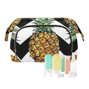 Women Wave Quilt Cosmetic Bag, Zipper Toiletry Storage 10.2x5.9x6.7 in, Pouch Handbag Makeup Case Purse Holder Organizer Print Pineapple Black White Chevron