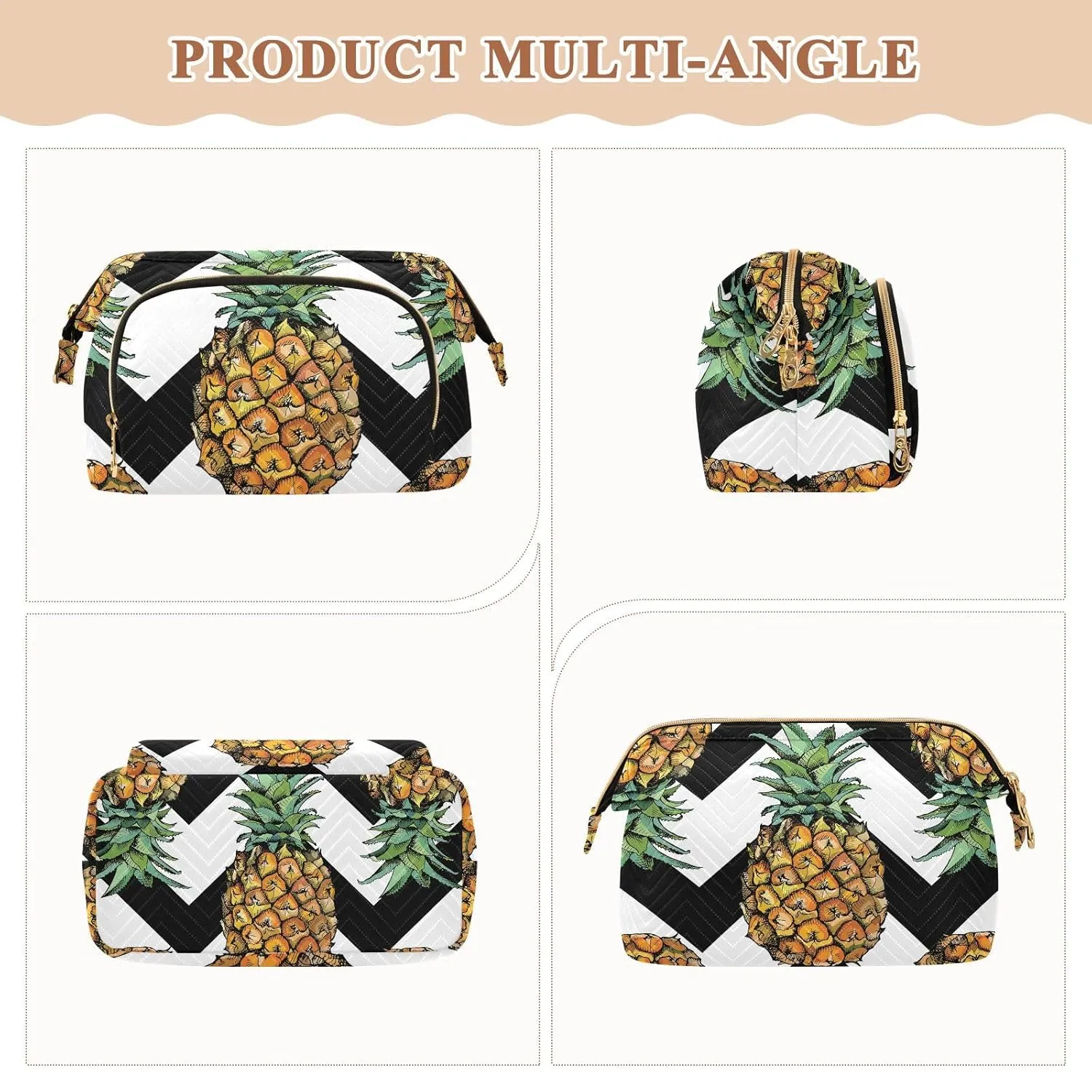 Women Wave Quilt Cosmetic Bag, Zipper Toiletry Storage 10.2x5.9x6.7 in, Pouch Handbag Makeup Case Purse Holder Organizer Print Pineapple Black White Chevron