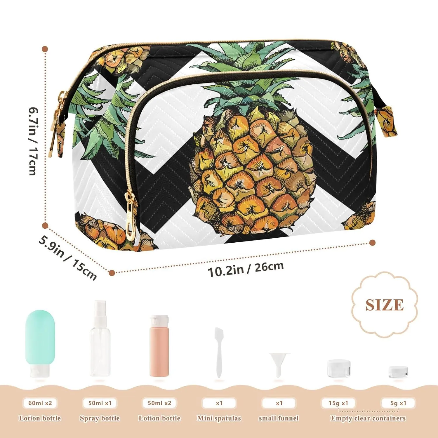 Women Wave Quilt Cosmetic Bag, Zipper Toiletry Storage 10.2x5.9x6.7 in, Pouch Handbag Makeup Case Purse Holder Organizer Print Pineapple Black White Chevron