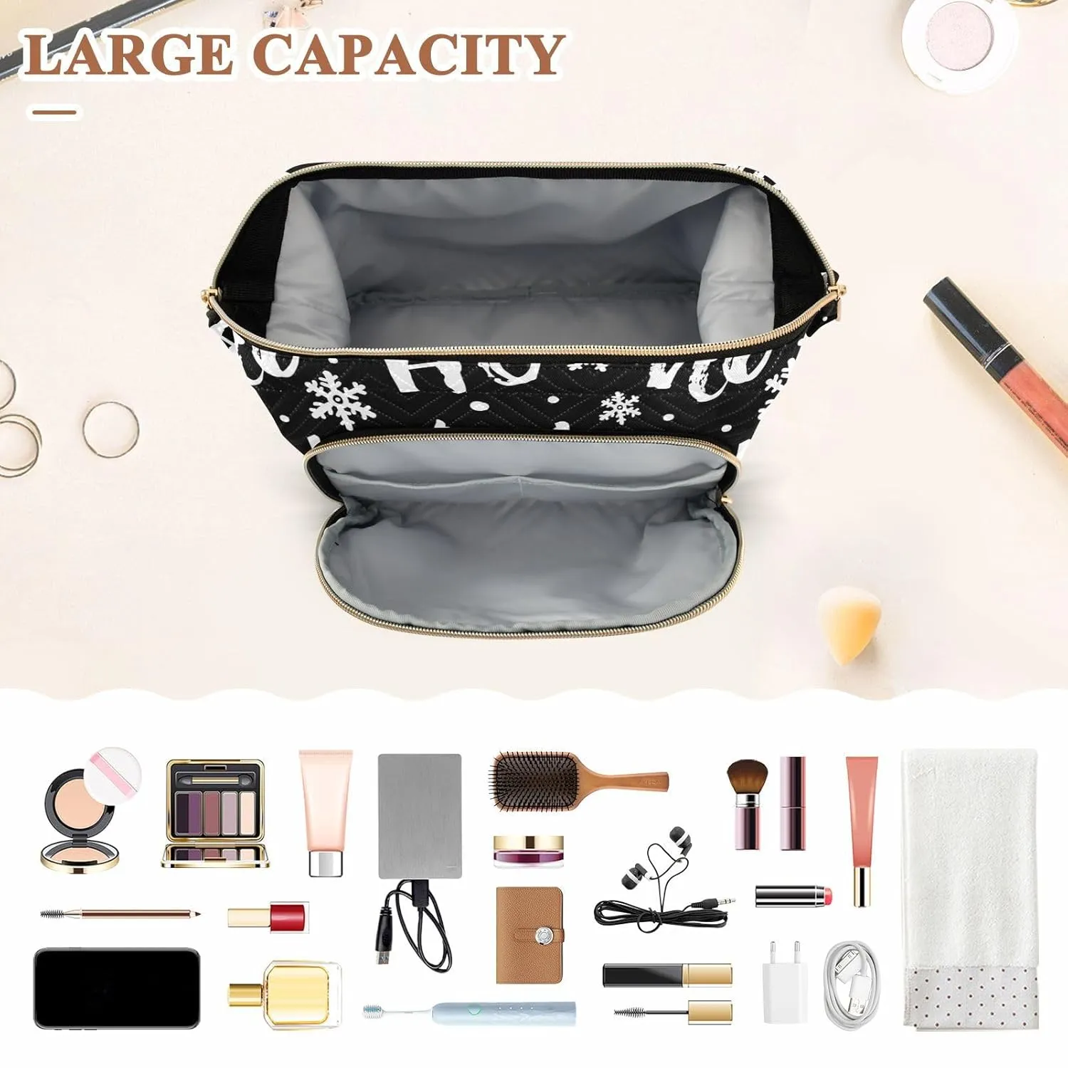 Women Wave Quilt Cosmetic Bag, Zipper Toiletry Storage 10.2x5.9x6.7 in, Pouch Handbag Makeup Case Purse Holder Organizer Print Santa Claus Laugh Snow Flakes On Black