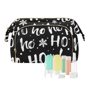 Women Wave Quilt Cosmetic Bag, Zipper Toiletry Storage 10.2x5.9x6.7 in, Pouch Handbag Makeup Case Purse Holder Organizer Print Santa Claus Laugh Snow Flakes On Black