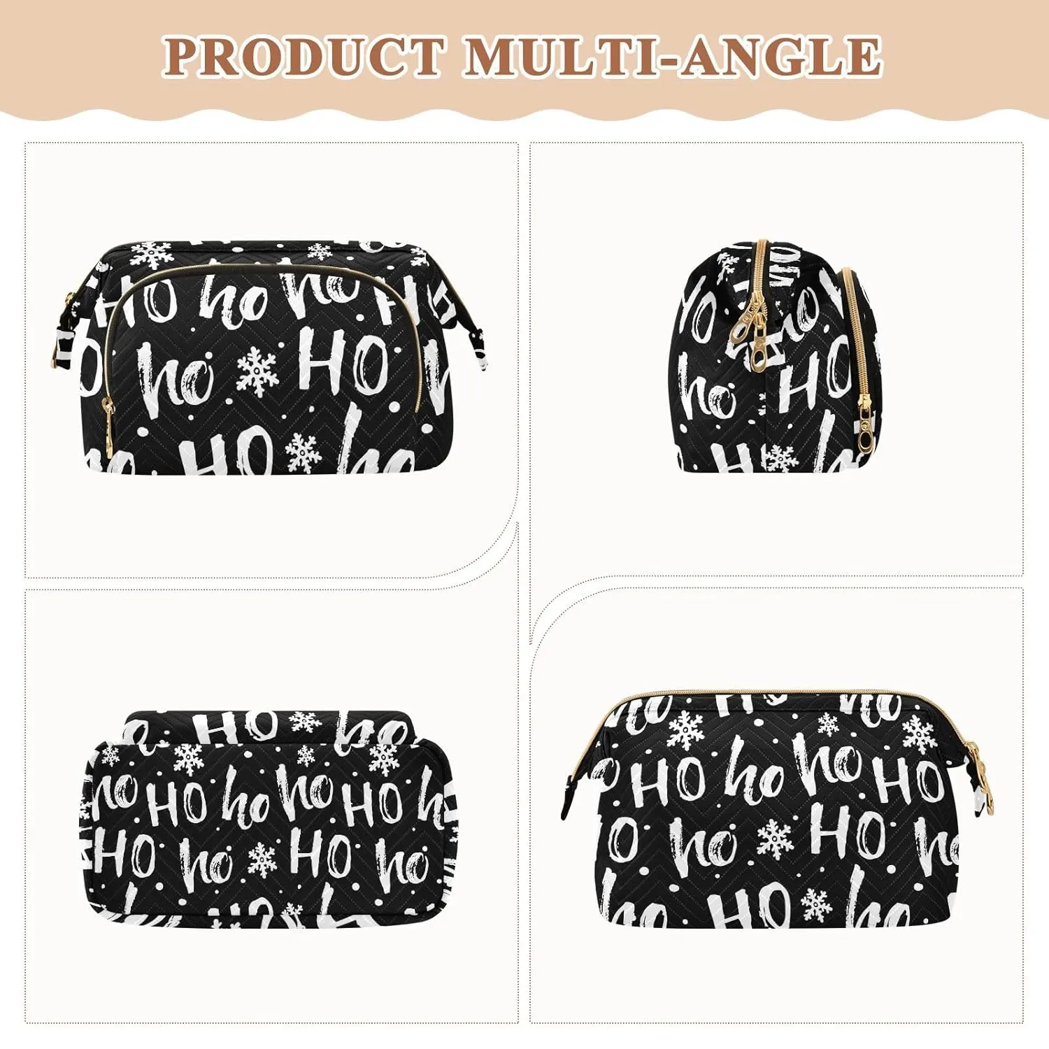 Women Wave Quilt Cosmetic Bag, Zipper Toiletry Storage 10.2x5.9x6.7 in, Pouch Handbag Makeup Case Purse Holder Organizer Print Santa Claus Laugh Snow Flakes On Black