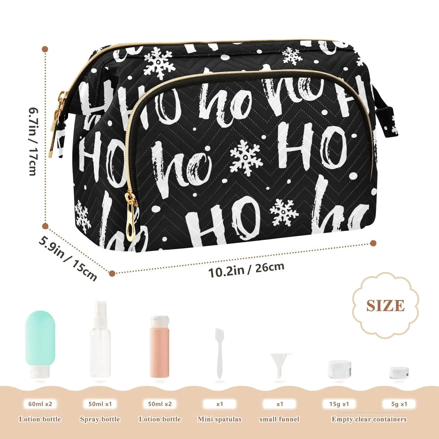 Women Wave Quilt Cosmetic Bag, Zipper Toiletry Storage 10.2x5.9x6.7 in, Pouch Handbag Makeup Case Purse Holder Organizer Print Santa Claus Laugh Snow Flakes On Black