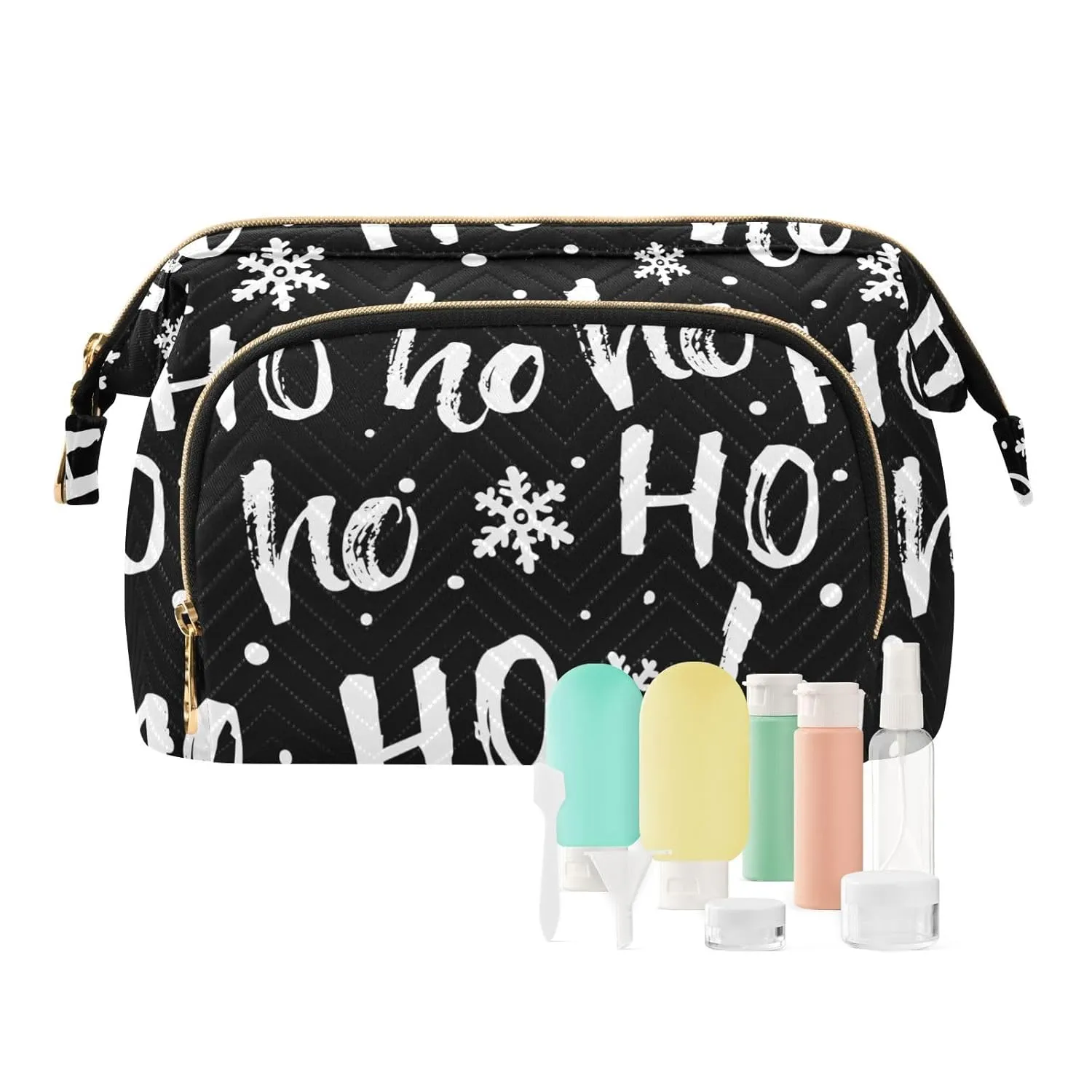Women Wave Quilt Cosmetic Bag, Zipper Toiletry Storage 10.2x5.9x6.7 in, Pouch Handbag Makeup Case Purse Holder Organizer Print Santa Claus Laugh Snow Flakes On Black