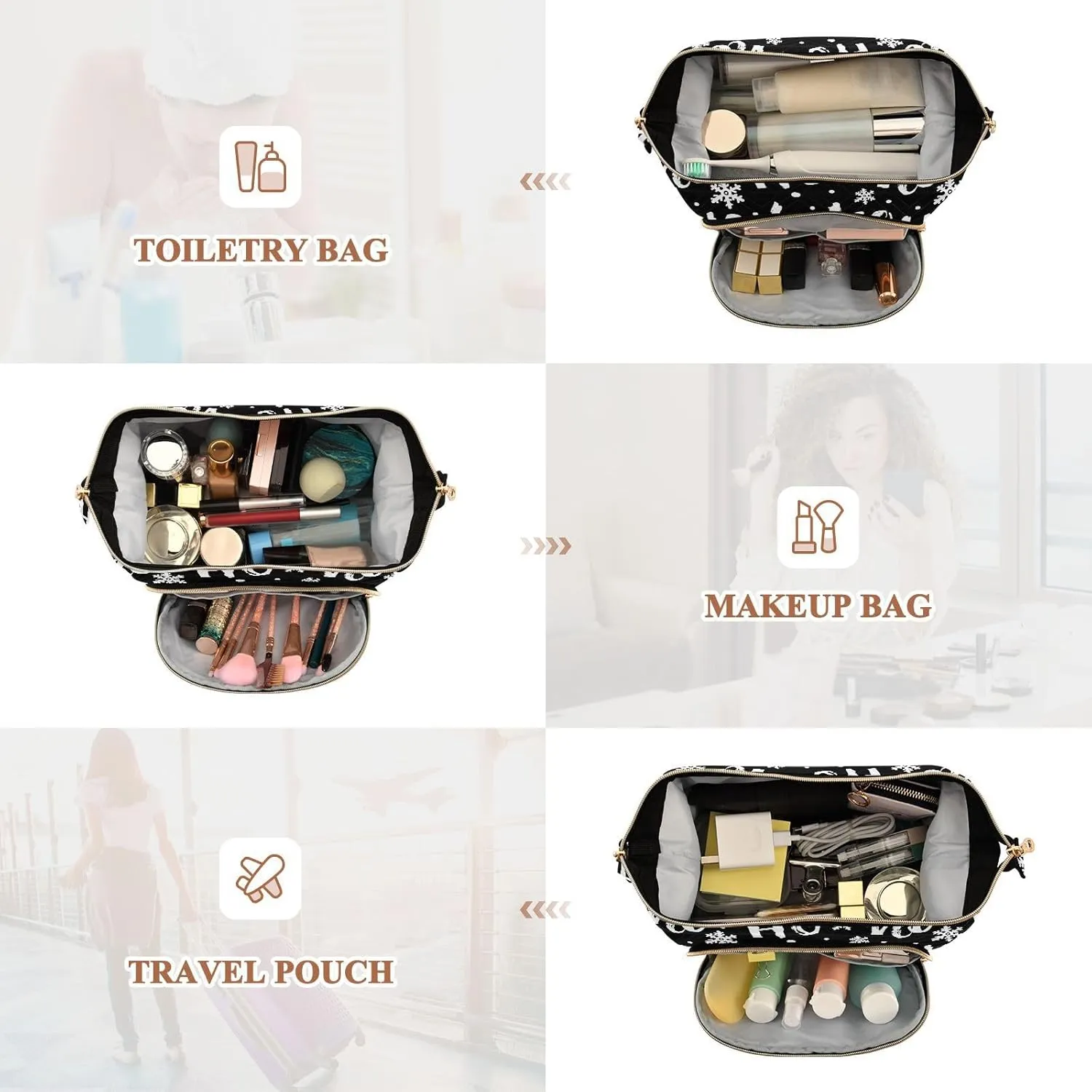 Women Wave Quilt Cosmetic Bag, Zipper Toiletry Storage 10.2x5.9x6.7 in, Pouch Handbag Makeup Case Purse Holder Organizer Print Santa Claus Laugh Snow Flakes On Black