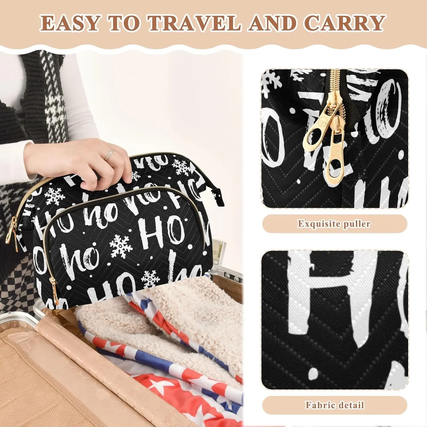Women Wave Quilt Cosmetic Bag, Zipper Toiletry Storage 10.2x5.9x6.7 in, Pouch Handbag Makeup Case Purse Holder Organizer Print Santa Claus Laugh Snow Flakes On Black