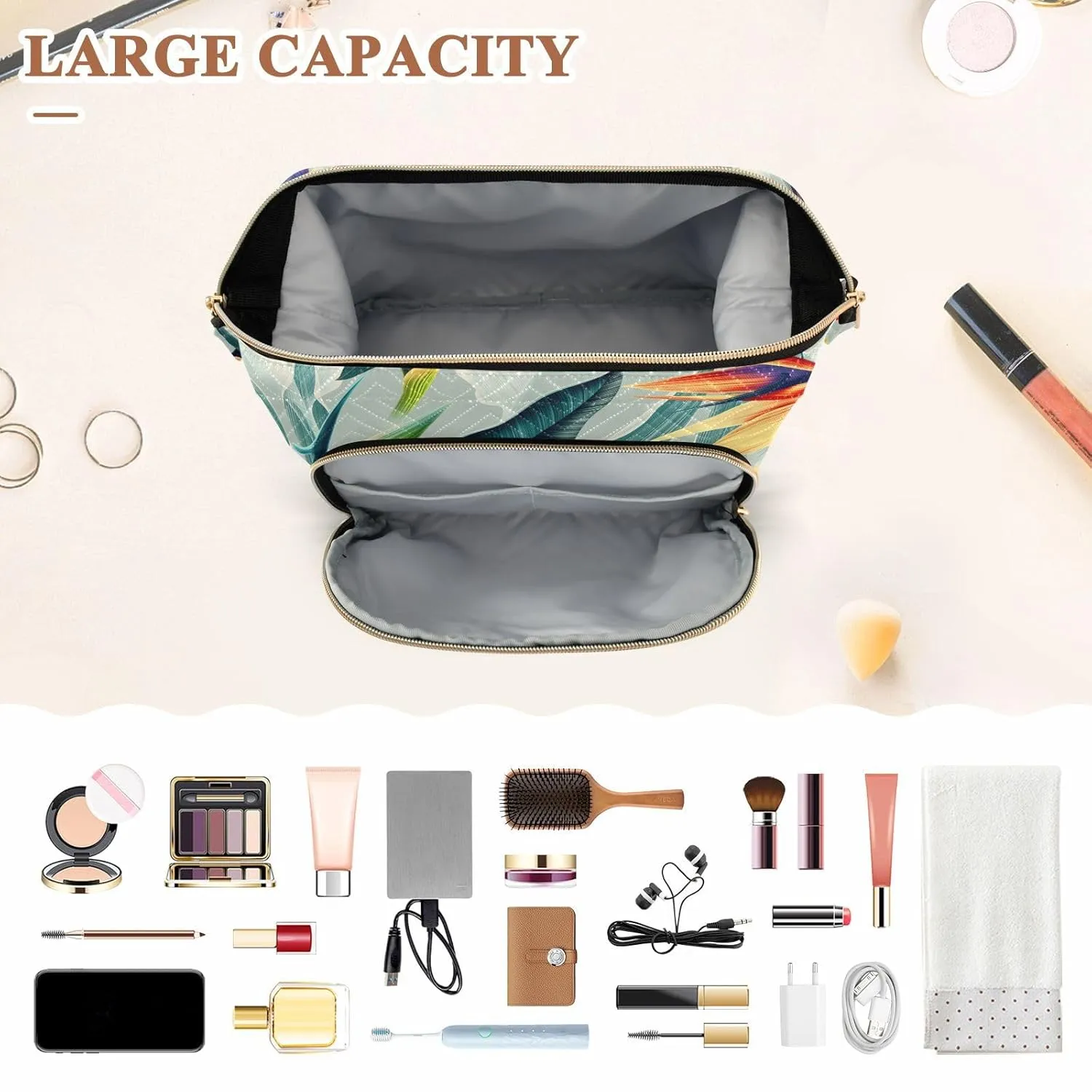 Women Wave Quilt Cosmetic Bag, Zipper Toiletry Storage 10.2x5.9x6.7 in, Pouch Handbag Makeup Case Purse Holder Organizer Print Seamless Tropical Flower Plant Leaf