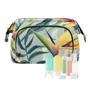 Women Wave Quilt Cosmetic Bag, Zipper Toiletry Storage 10.2x5.9x6.7 in, Pouch Handbag Makeup Case Purse Holder Organizer Print Seamless Tropical Flower Plant Leaf