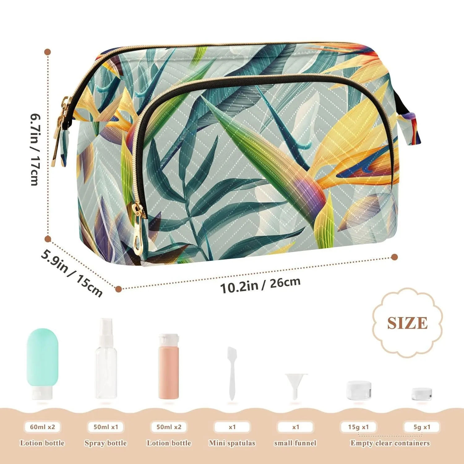 Women Wave Quilt Cosmetic Bag, Zipper Toiletry Storage 10.2x5.9x6.7 in, Pouch Handbag Makeup Case Purse Holder Organizer Print Seamless Tropical Flower Plant Leaf