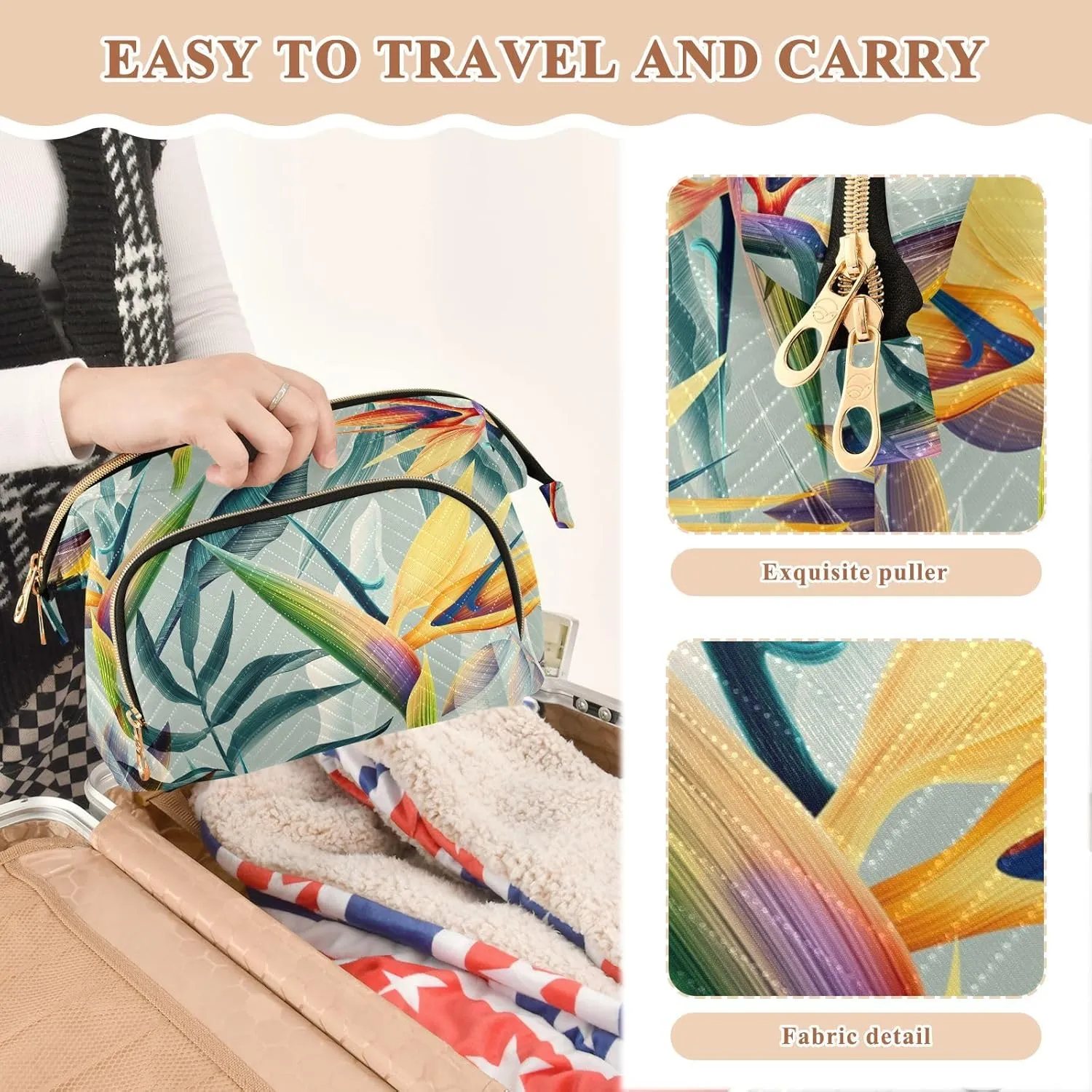 Women Wave Quilt Cosmetic Bag, Zipper Toiletry Storage 10.2x5.9x6.7 in, Pouch Handbag Makeup Case Purse Holder Organizer Print Seamless Tropical Flower Plant Leaf