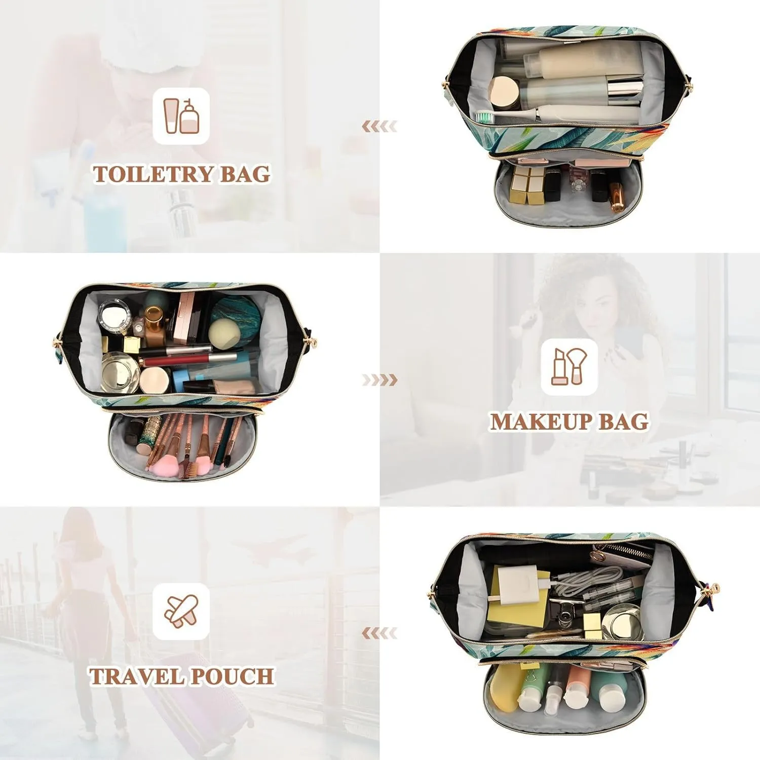 Women Wave Quilt Cosmetic Bag, Zipper Toiletry Storage 10.2x5.9x6.7 in, Pouch Handbag Makeup Case Purse Holder Organizer Print Seamless Tropical Flower Plant Leaf