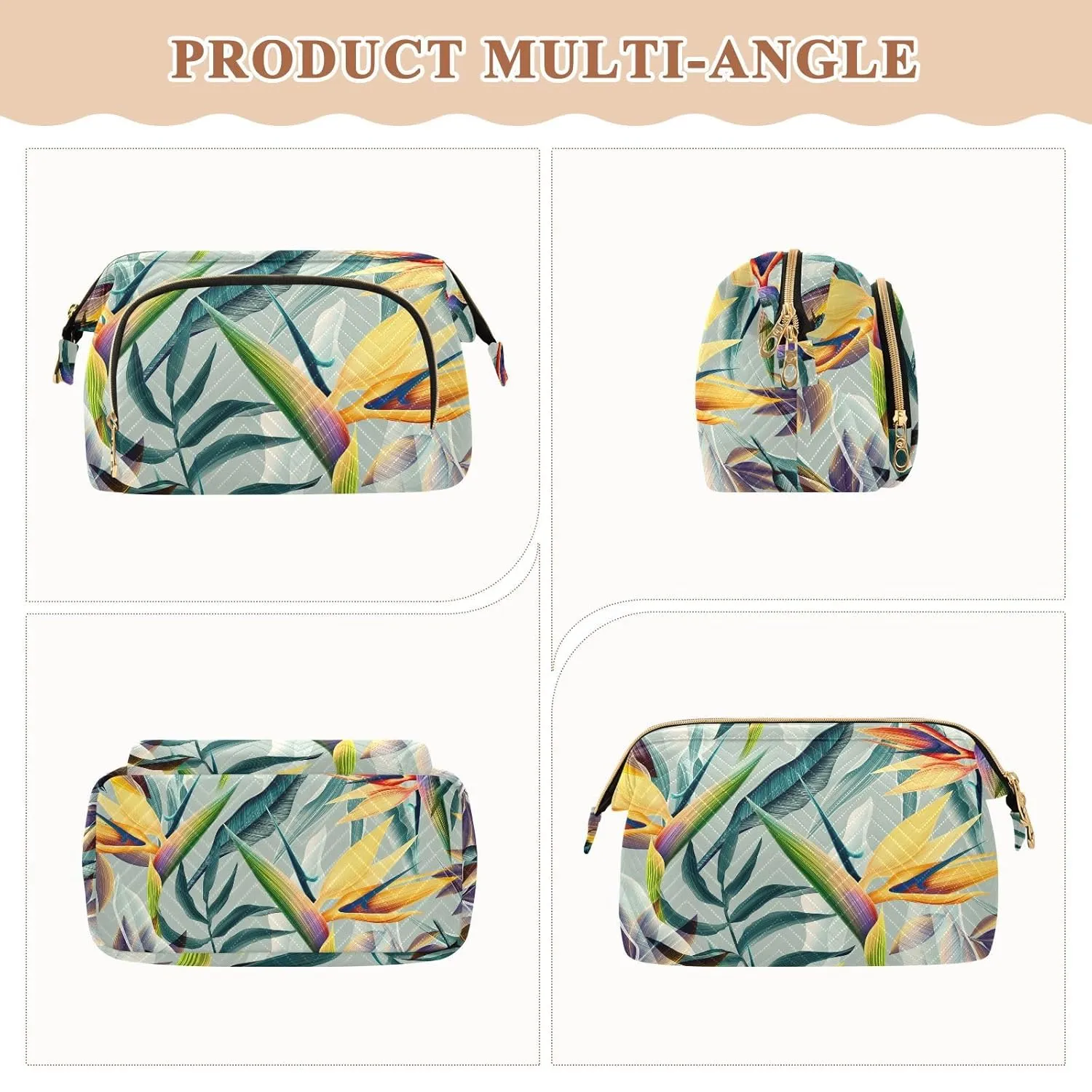Women Wave Quilt Cosmetic Bag, Zipper Toiletry Storage 10.2x5.9x6.7 in, Pouch Handbag Makeup Case Purse Holder Organizer Print Seamless Tropical Flower Plant Leaf