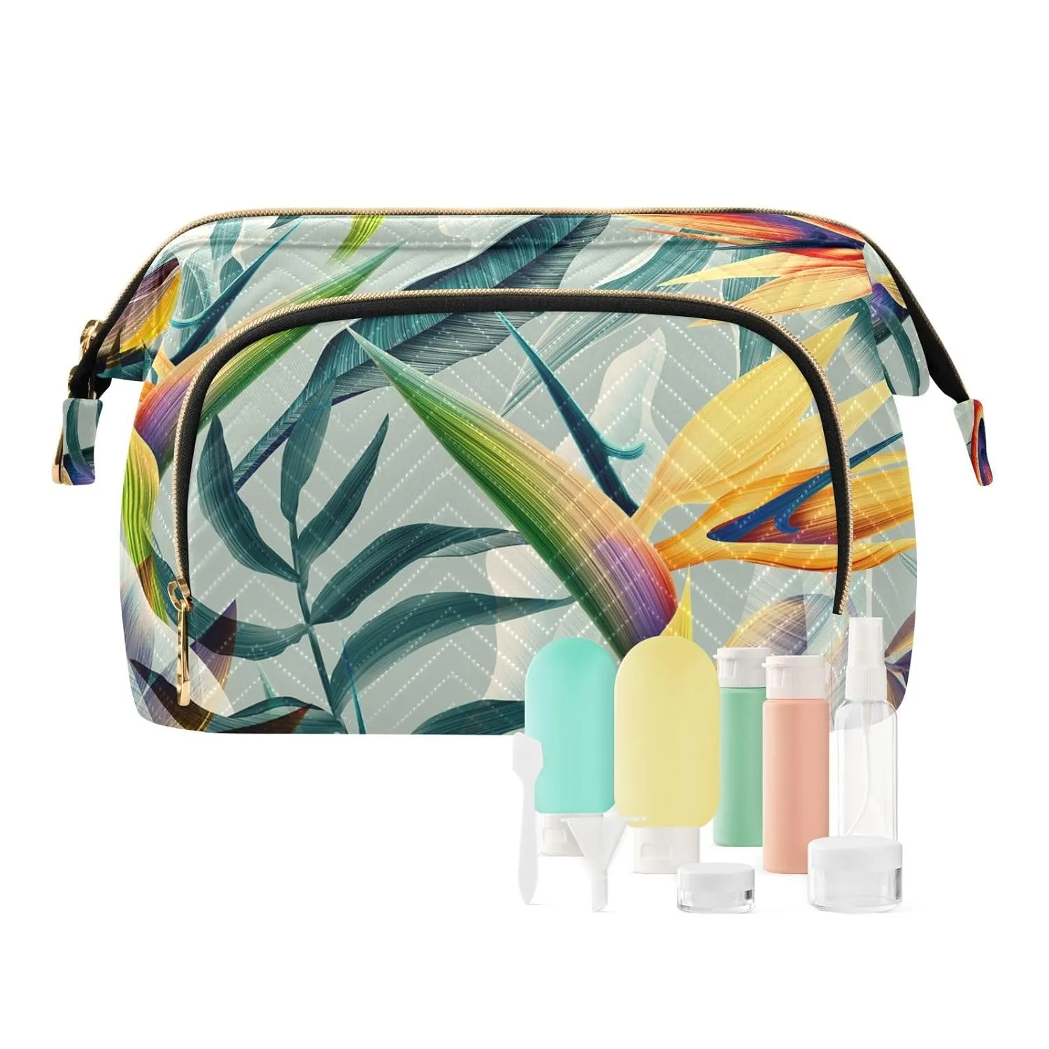 Women Wave Quilt Cosmetic Bag, Zipper Toiletry Storage 10.2x5.9x6.7 in, Pouch Handbag Makeup Case Purse Holder Organizer Print Seamless Tropical Flower Plant Leaf