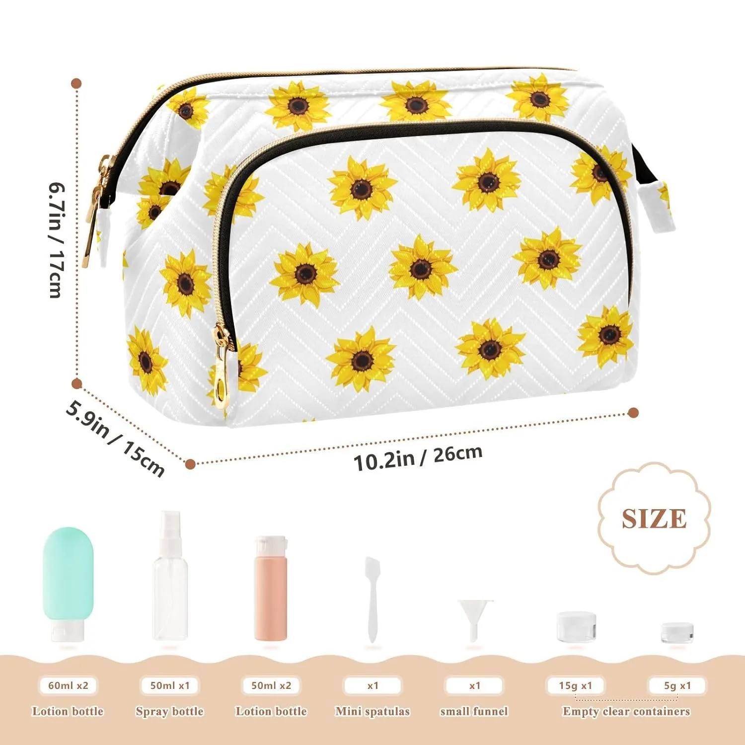 Women Wave Quilt Cosmetic Bag, Zipper Toiletry Storage 10.2x5.9x6.7 in, Pouch Handbag Makeup Case Purse Holder Organizer Print Seamless Yellow Sunflowers On White