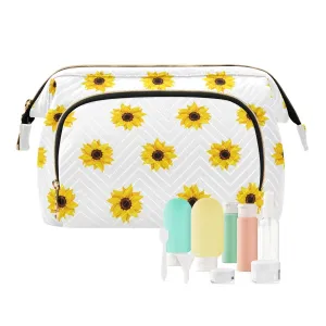 Women Wave Quilt Cosmetic Bag, Zipper Toiletry Storage 10.2x5.9x6.7 in, Pouch Handbag Makeup Case Purse Holder Organizer Print Seamless Yellow Sunflowers On White